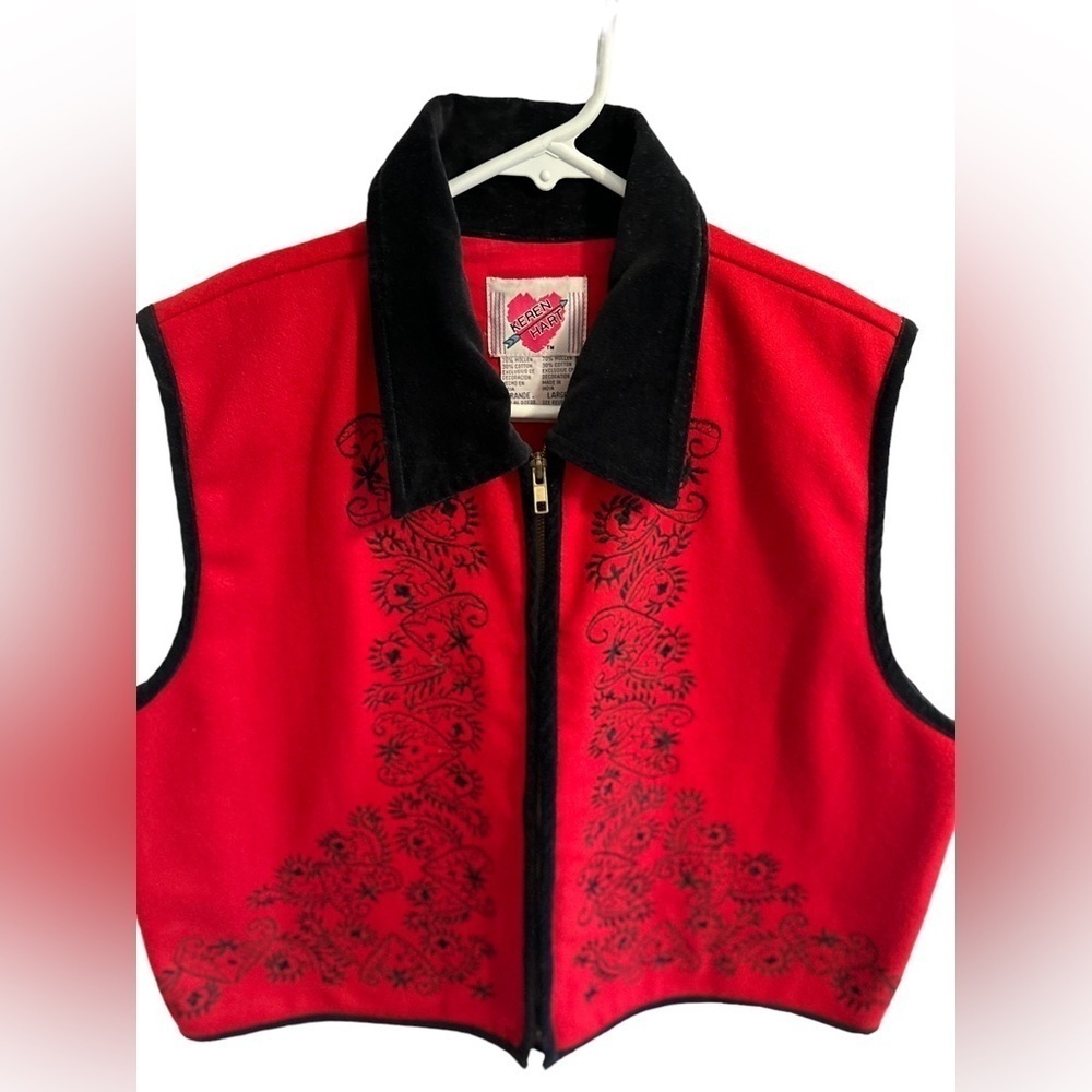 Keren Hart Vest Womens Large Red With Black Collar & Design Zipper Lined Holiday